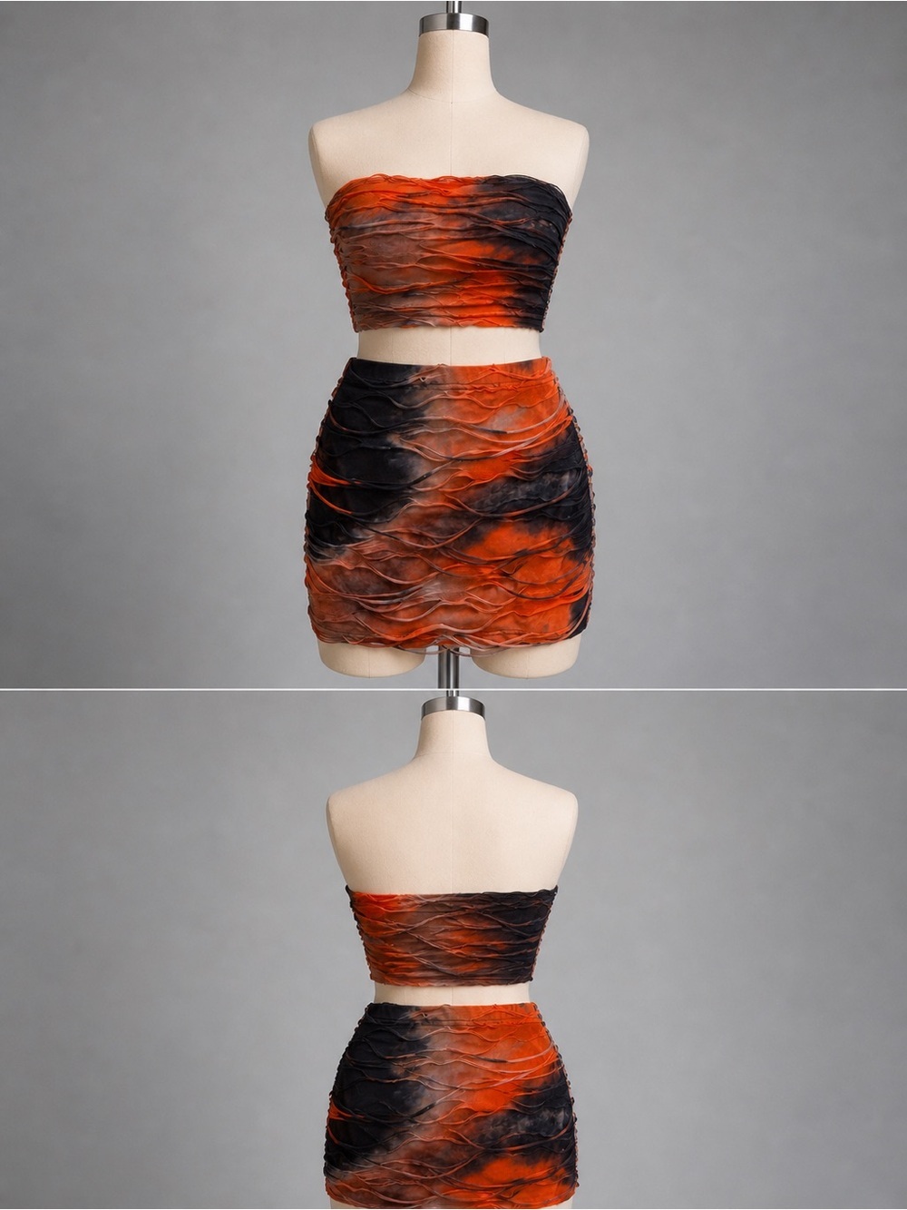 SHEIN Orange and Black Textured Strapless Mini Skirt Set